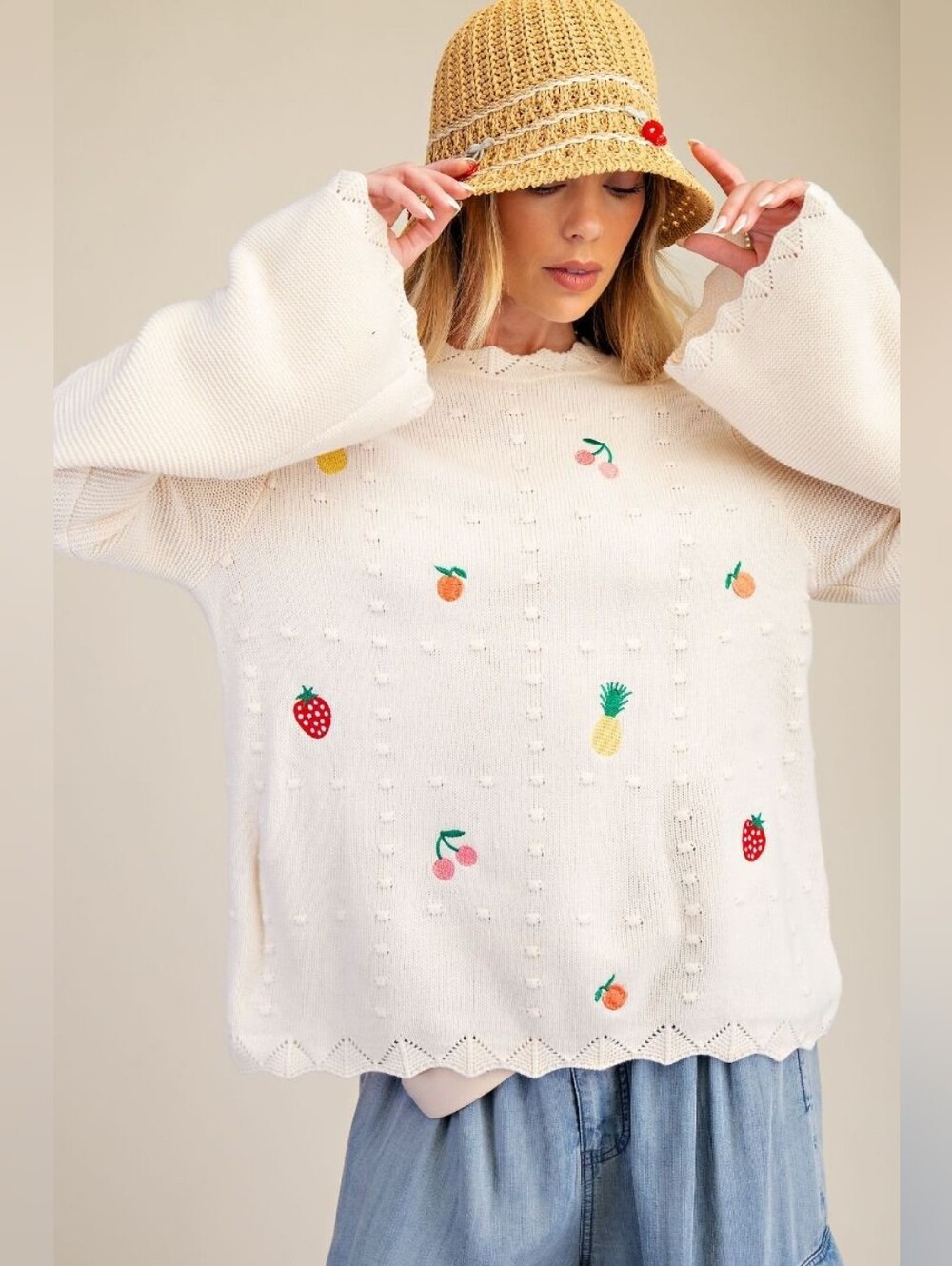 2-0920 Easel Embroidered Fruit Bell Sleeve Knit Sweater